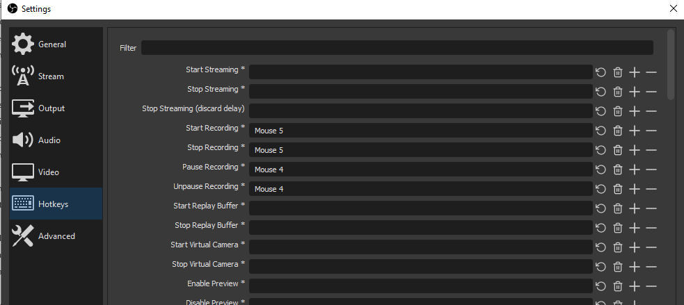 zoomed in screenshot of OBS hotkeys window