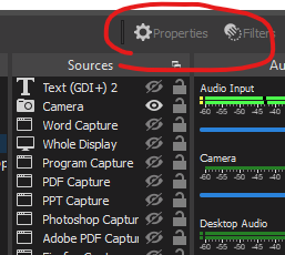 zoomed in screenshot of properties and options buttons in OBS
