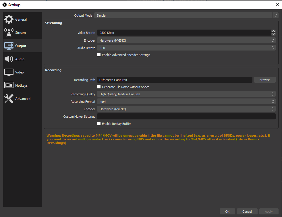 output settings in OBS