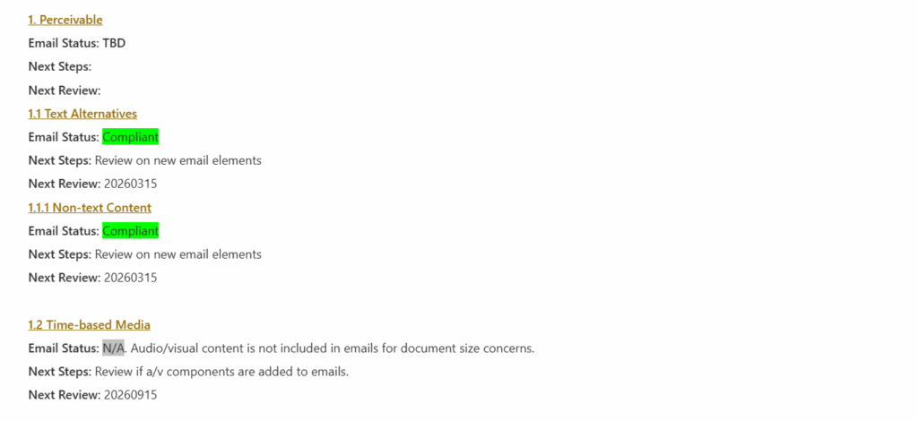 screenshot of several WCAG 2.2 accessibility criteria with notes indicating that some criteria are met or are not applicable to a communication strategy