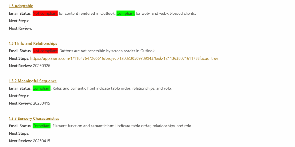screenshot of several WCAG 2.2 accessibility criteria with notes that some items are non-compliant, a reason why they are non-compliant, and a reason why they should not be prioritized right now, typically owing to the limitation of the software used to consume the content