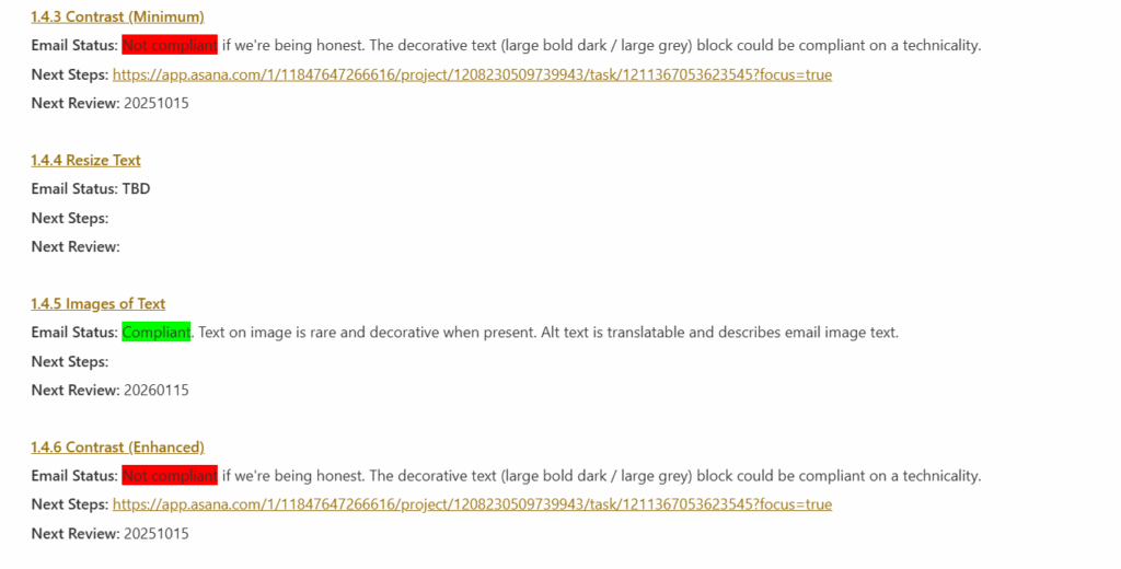 screenshot of several WCAG 2.2 accessibility criteria with notes that some items are non-compliant, a reason why they are non-compliant, and a date to bring them into compliance