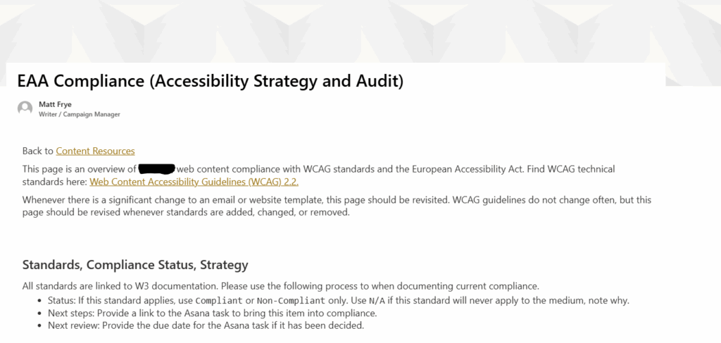 screenshot of the introduction of an intranet page holding accessibility audits of outbound and inbound marketing content